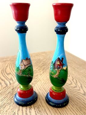 Hand Painted Wooden Cottage Candlestick Holders Set Vintage Folk Art Signed